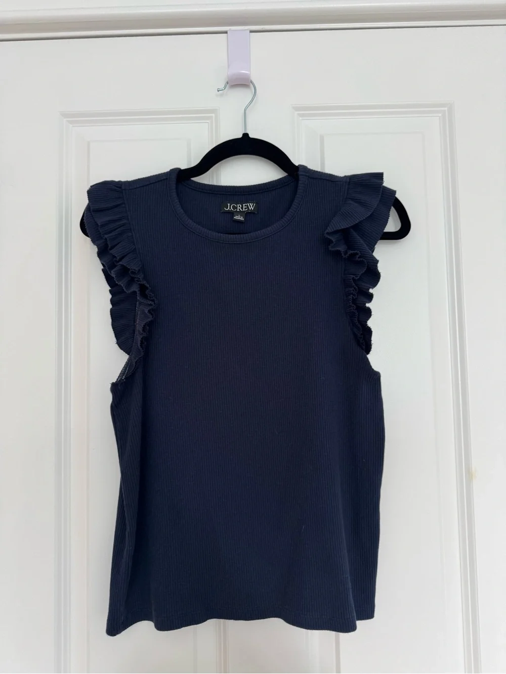 J. Crew Navy Ribbed Vintage rib ruffle-sleeve shirt